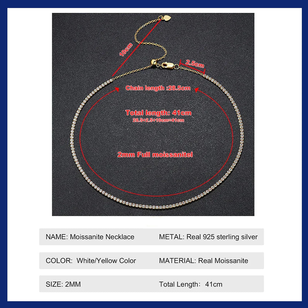 Full 2mm Moissanite Tennis Necklace Chain for Women 100% Original Certified S925 Sterling Silver Diamond Choker Neck Adjustable