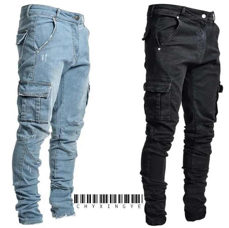 Men's Stretchy Skinny Ripped Jeans Side Pocket Washed Slim Denim Pants