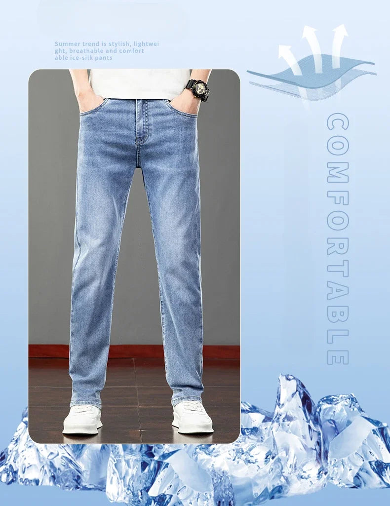 2026 Summer Men's Jeans Slim Fit Jeans Thin Stretch Straight Light Business Casual Denim Long Pants Male Classic Style Brand