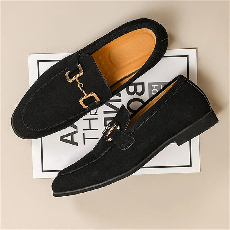 Fashion Brand Men Suede Leather Shoes Black Beige Horsebit Loafers Slip on Formal Mens Dress Shoes Wedding Office Casual Shoes