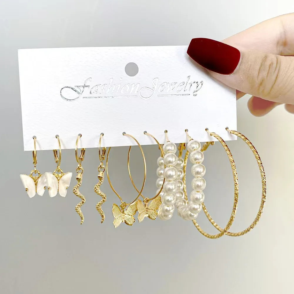 5pcs Set Creativity Snake Shape Acrylic Butterfly Pearl Dangle Earring Set for Women Fashion Hoop Earring Jewelry Accessories