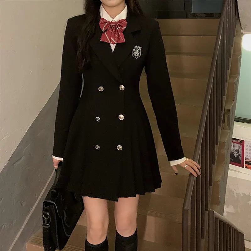 Sweet Style Suit Dress Korean Drama Main Character Waist Cinched Beautiful  Skirt College Style High Waist Double Breaste...