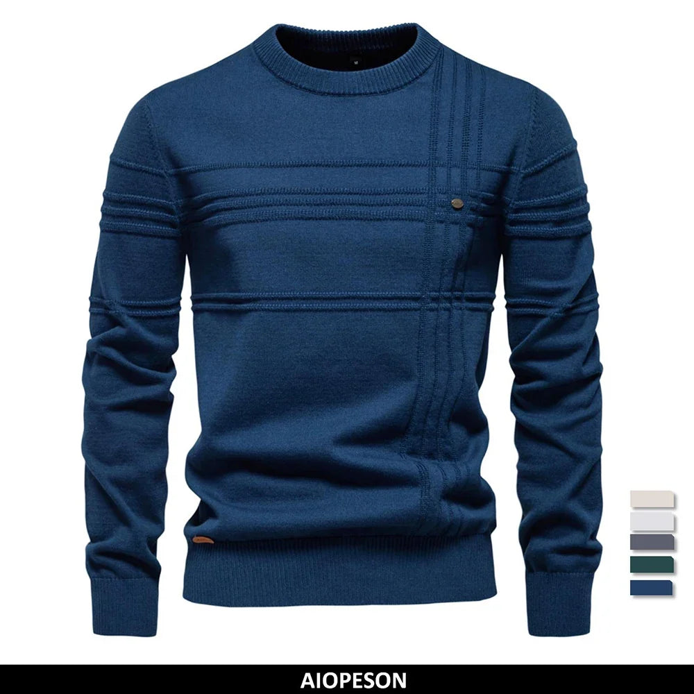 Mens Crewneck Pullover Sweater Knitted Cotton Stripped Quality Autumn Winter Warm Sweaters for Men