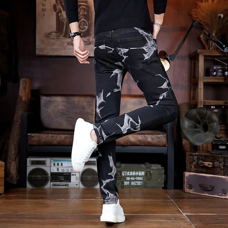 Spring and Autumn New Fashion Trend Retro Printed Straight Leg Elastic Jeans For Men's Casual Sports Comfort High-Quality Jeans