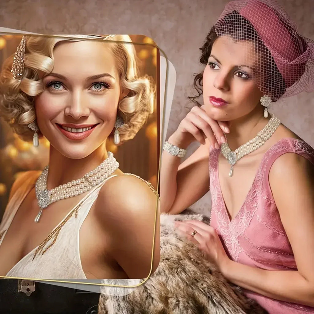 925 Silver, 1 Piece 1920's Pearl Jewellery Set with Vintage Girl Earrings, Layered Faux Pearl Necklace and Bracelet for Women