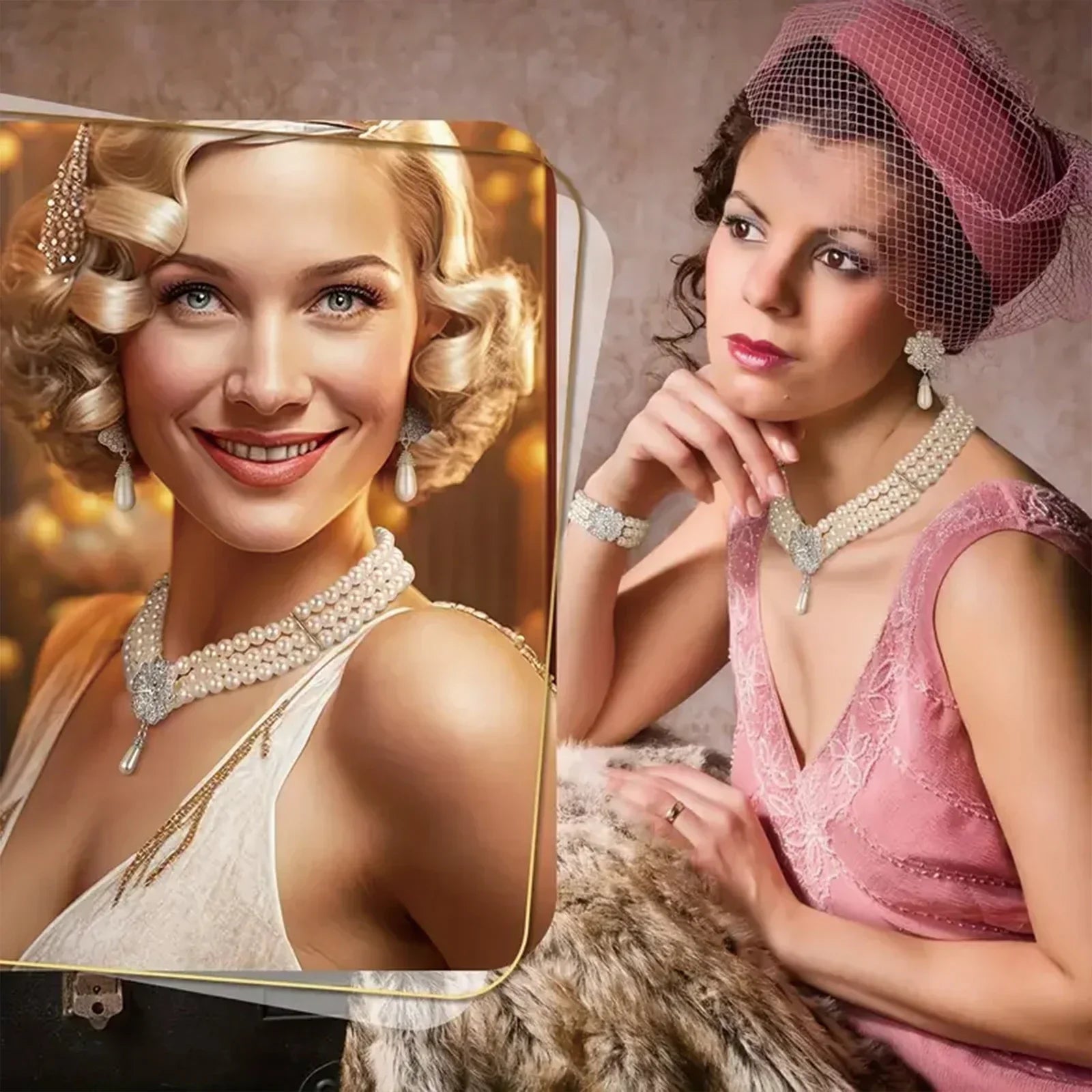 925 Silver, 1 Piece 1920's Pearl Jewellery Set with Vintage Girl Earrings, Layered Faux Pearl Necklace and Bracelet for Women