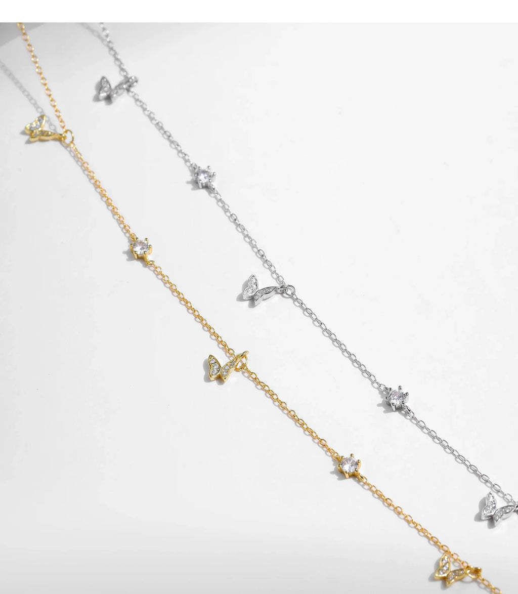 Flying Butterfly CZ Necklace 925 Sterling Silver Simple Link Chain Charms White Gold Plated Necklaces For Women Jewelry