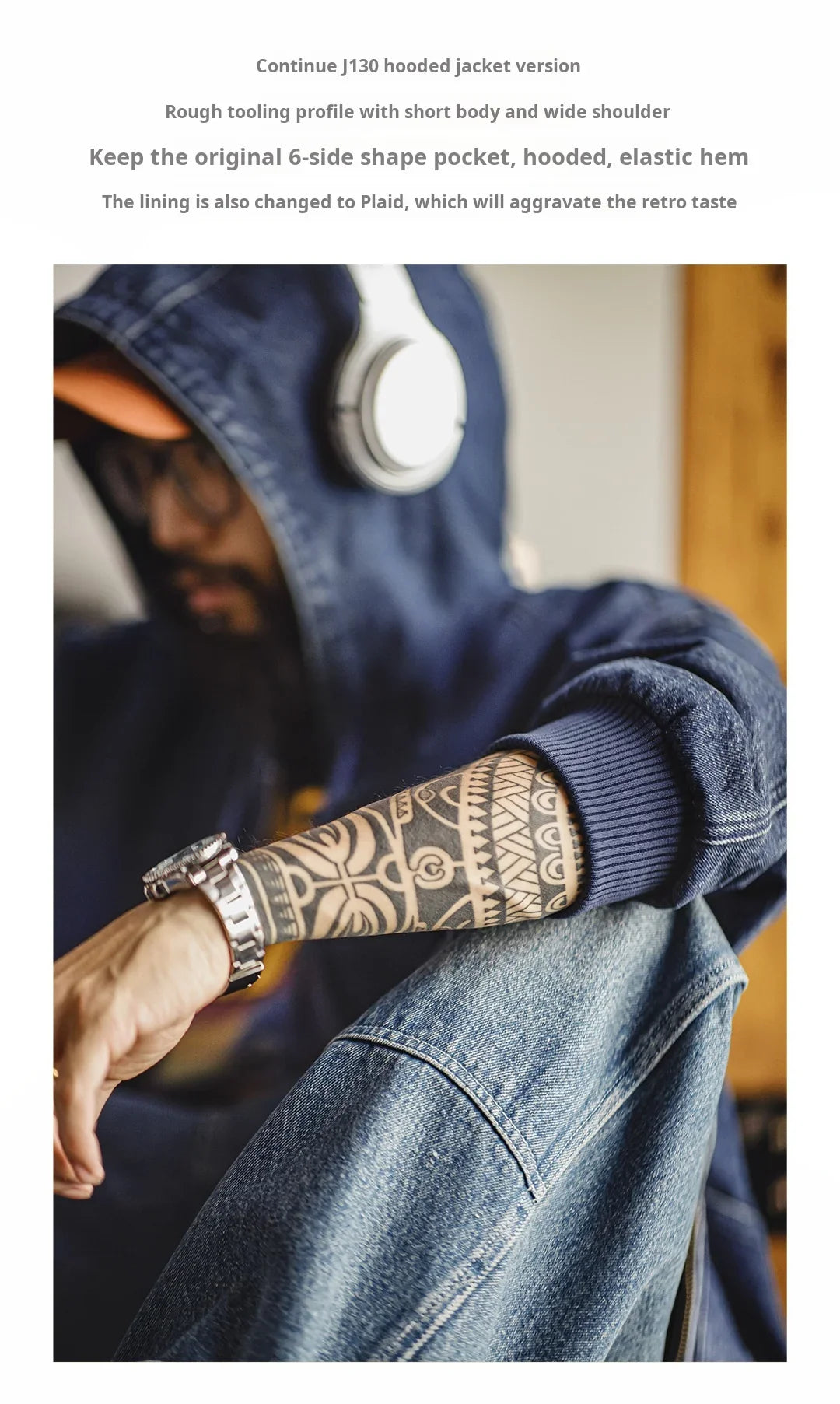Retro Men's J130 10.5oz Denim Jacket Heavyweight Washed Aged Hooded Jacket Zipper Work Coat with Large Pockets for Fall