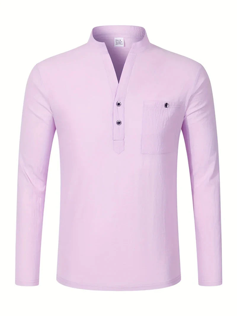 Men Mandarin Collar Long Sleeve Henley Cotton Linen Shirt With Chest Pocket Breathable Lightweight Beach Travel Daily Casual Top