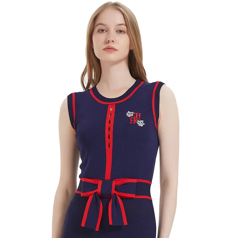 Women's Dress 2024 New Sleeveless Knitted Long Dress Simple navy blue Business Women's Wear