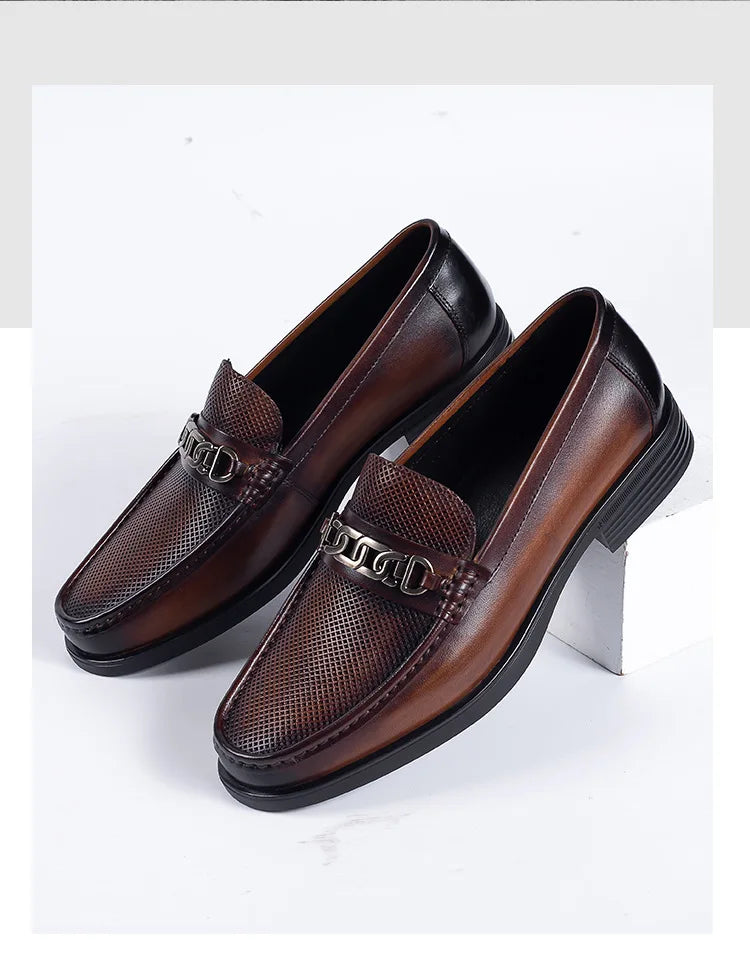 New 2025 Summer Men Genuine Leather Formal Business Loafers Slip On Retro Breathable Men Leather Moccasins Shoes