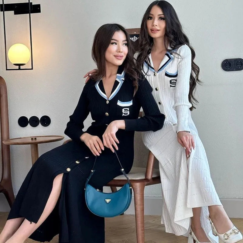 Elegant Embroidery Letter Knitted Maxi Dress Autumn Winter Brand Fashion Lady Notched Black Sweater Dress Office Robes