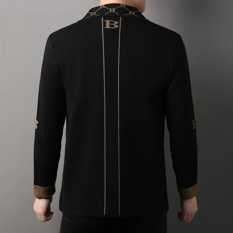 Luxury Brand Men's Autumn Winter Lapel Embroidered Sweater Coat Fashionable Business Three-dimensional Pocket Warm Knitted Jacke