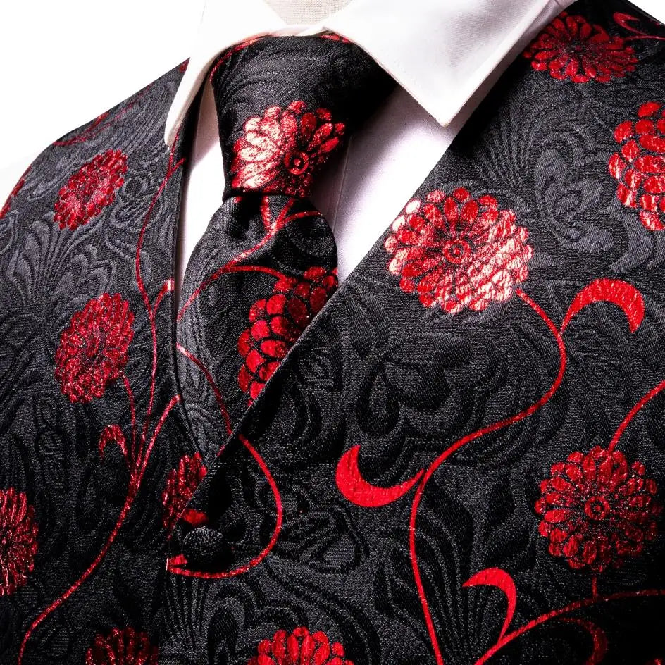 Black Red Floral Mens Vest Tie Set Jacquard Waistcoat Sleeveless Jacket Necktie Hanky Cufflinks Wedding Business XXL