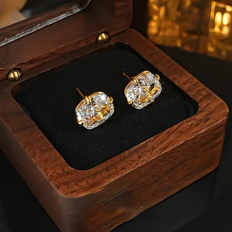 Light luxury 8 * 10 crushed ice cut 925 silver ear nail inlaid with high carbon diamond fat rectangular temperament for women