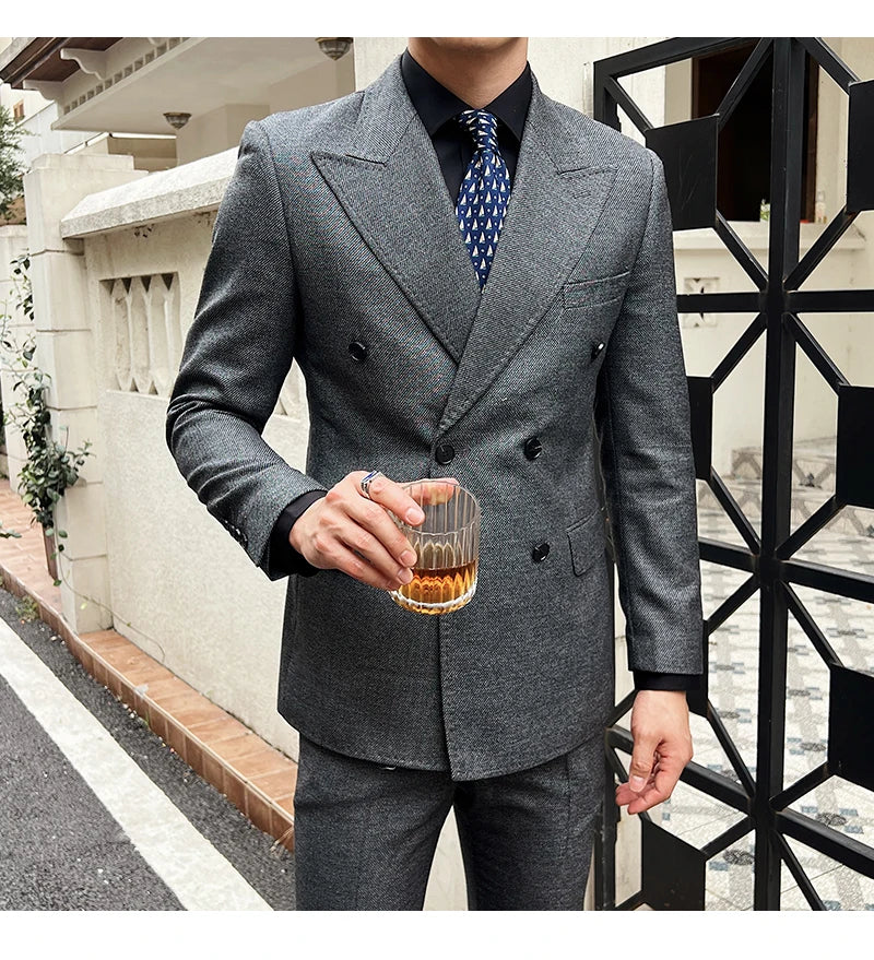 Men Vintage Luxury Double Breasted Slim Fit Lapel Evening Gown ltalian Style Fashion High-end Groom Wedding Party Tuxedo 2 Piece