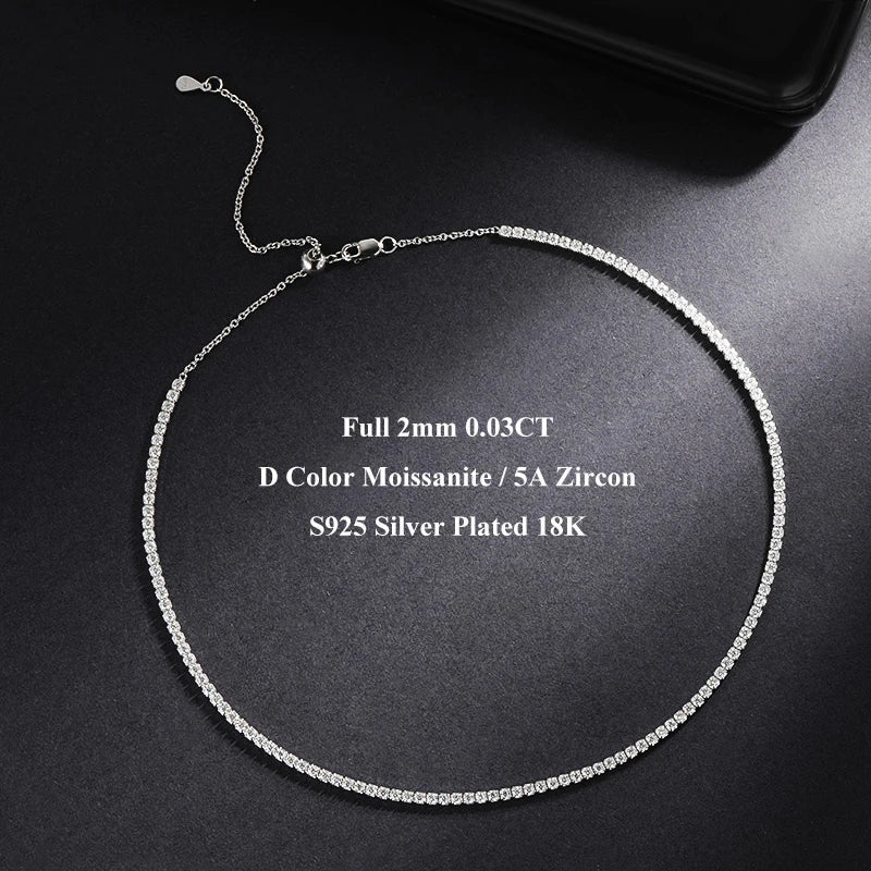 Adjustable Full 2mm 0.03CT D Color Moissanite Tennis Necklace for Women 925 Silver Plated 18K Gold Choker Neck Chain Gift
