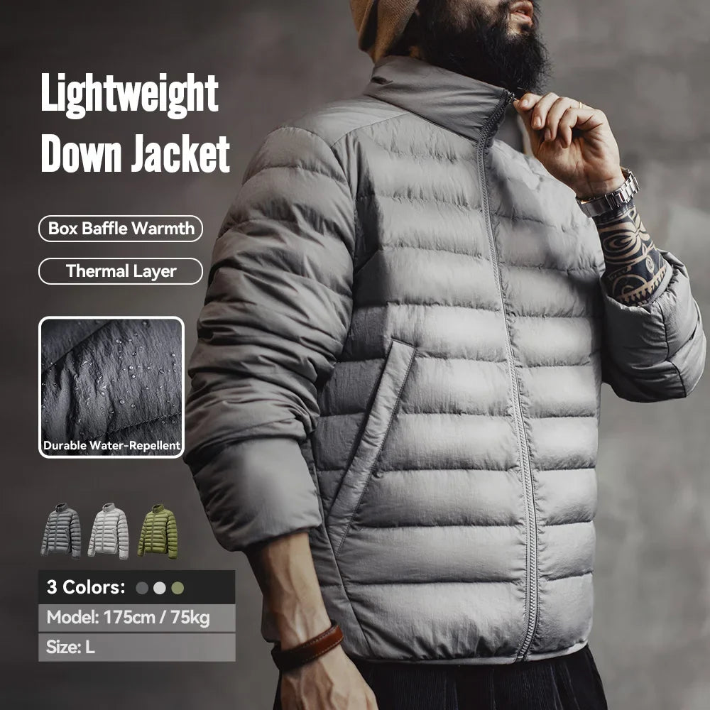 Winter Men's Stand-up Collar Down Jacket Lightweight Hydrophobic White Duck Down Filling Coat Warm Inner Layer for Fall