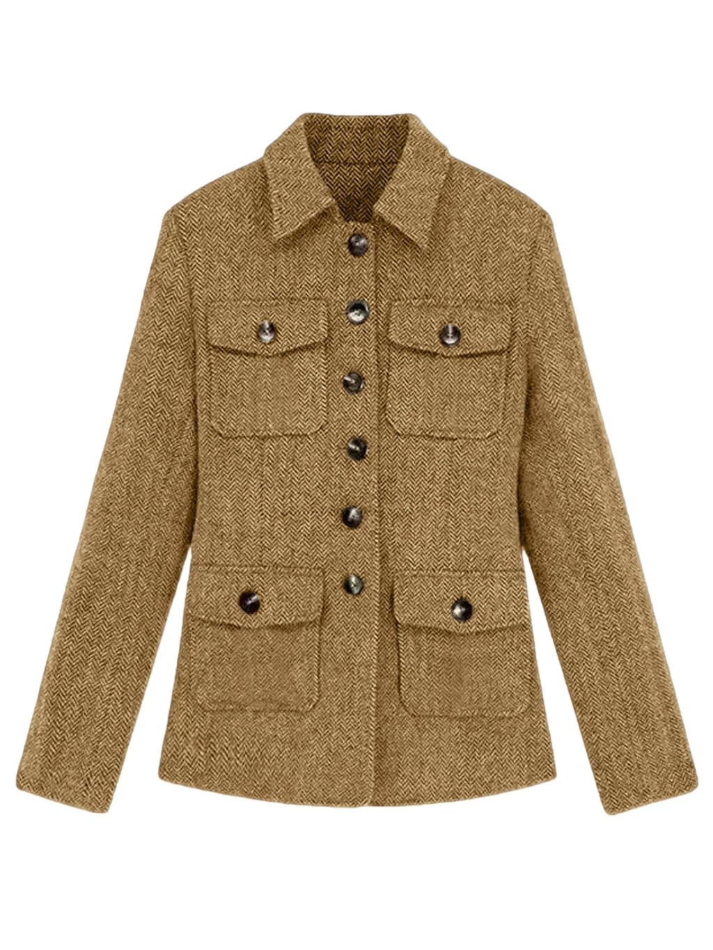 Men's Herringbone Wool Blend Blazer Jacket Notch Collar Utility Multi-Pocket Casual Overcoat For Spring Autumn