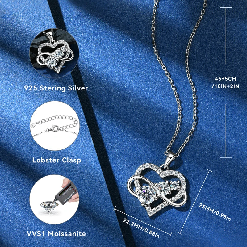 Certified Moissanite Infinite Love Heart Pendant Necklace Real S925 Sterling Silver for Women Fine Jewelry Gifts Cadena