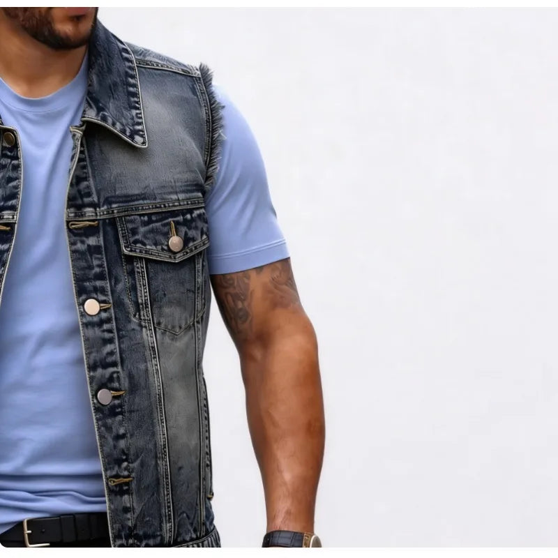 American Streetwear Men's Frayed Denim Vest Vintage Washed Turn Down Collar Sleeveless Jean Jacket Spring Summer