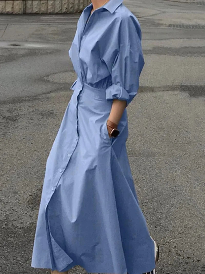 Women Casual Long Shirts Dresses 2025 Summer Spring Clothes Khaki Puff Sleeves Botton Simple Maxi Dresses for Women