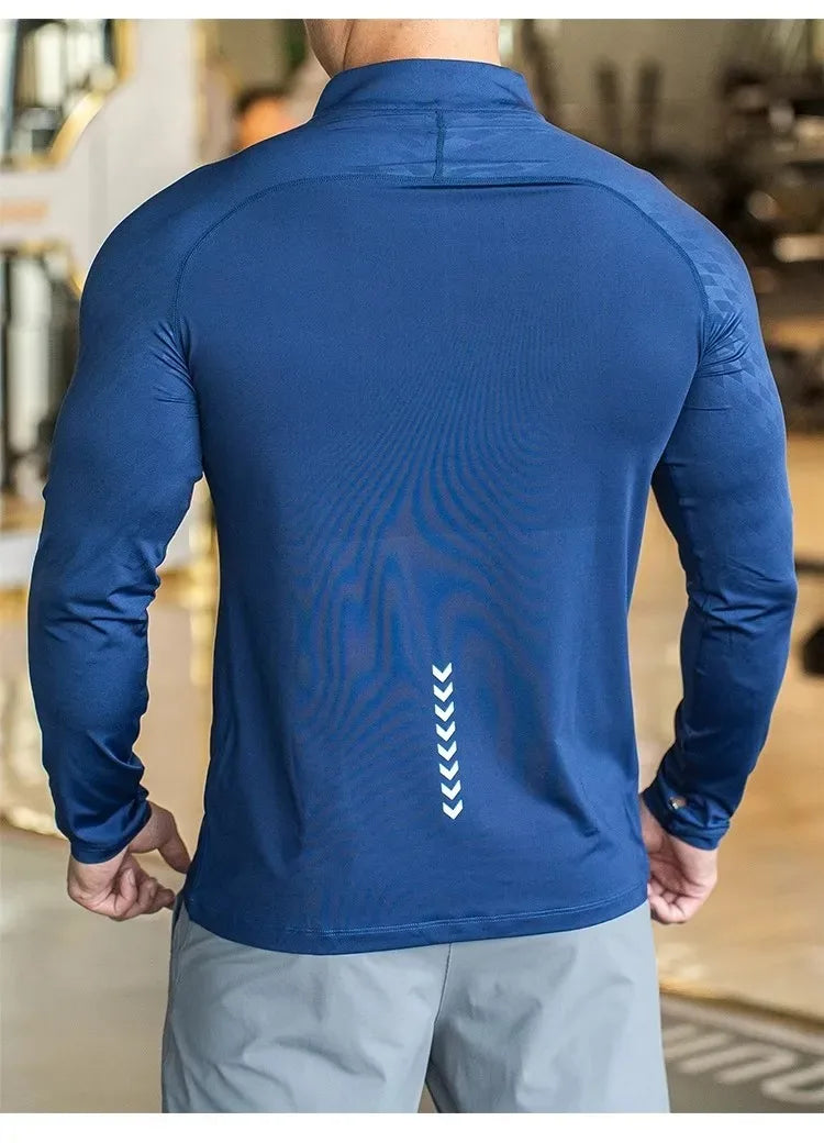 New Autumn Winter Running Gym Men Shirt Long Sleeve Tees Elastic Fit Sports Training Fitness Quick Dry Zip Collar Polo T Shirt
