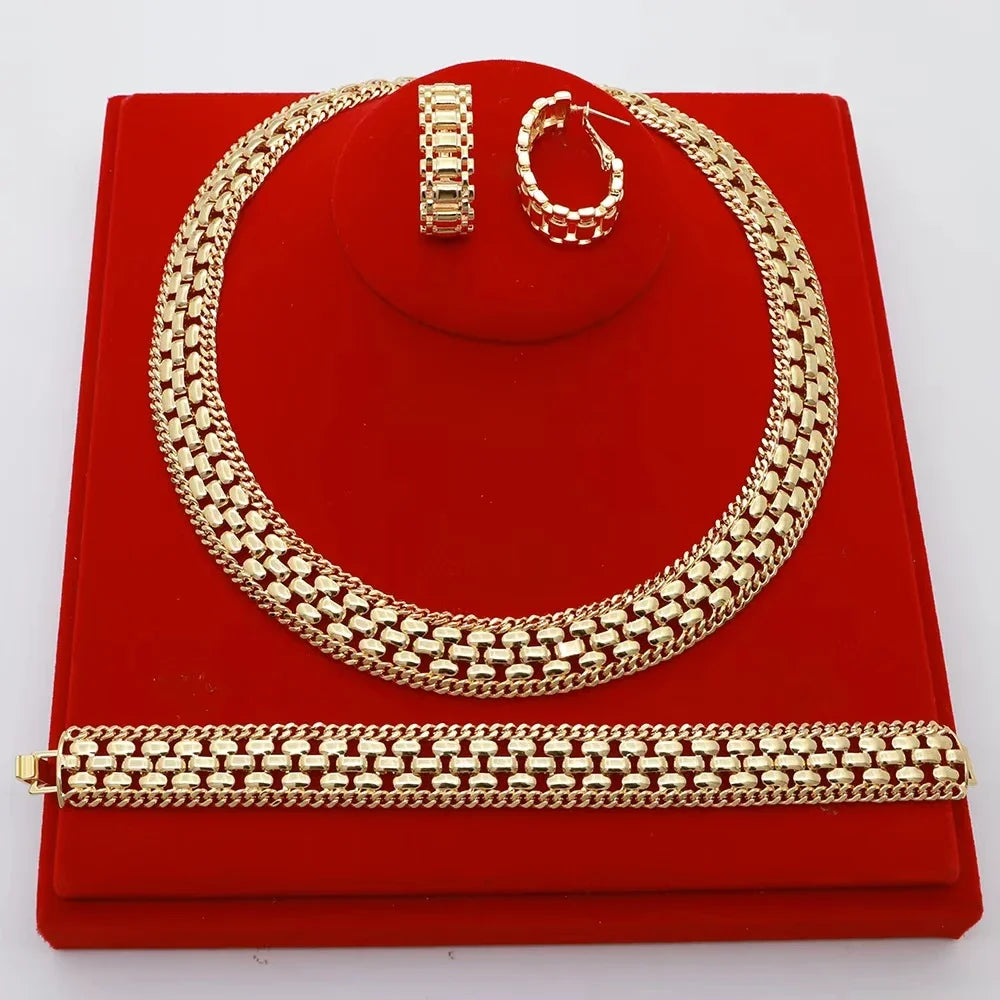 Dubai Luxury Handmade Women Jewelry Set 18k Gold-Plated Chain Necklace Bracelet Stud Earring Full Set Party Wedding Bijoux