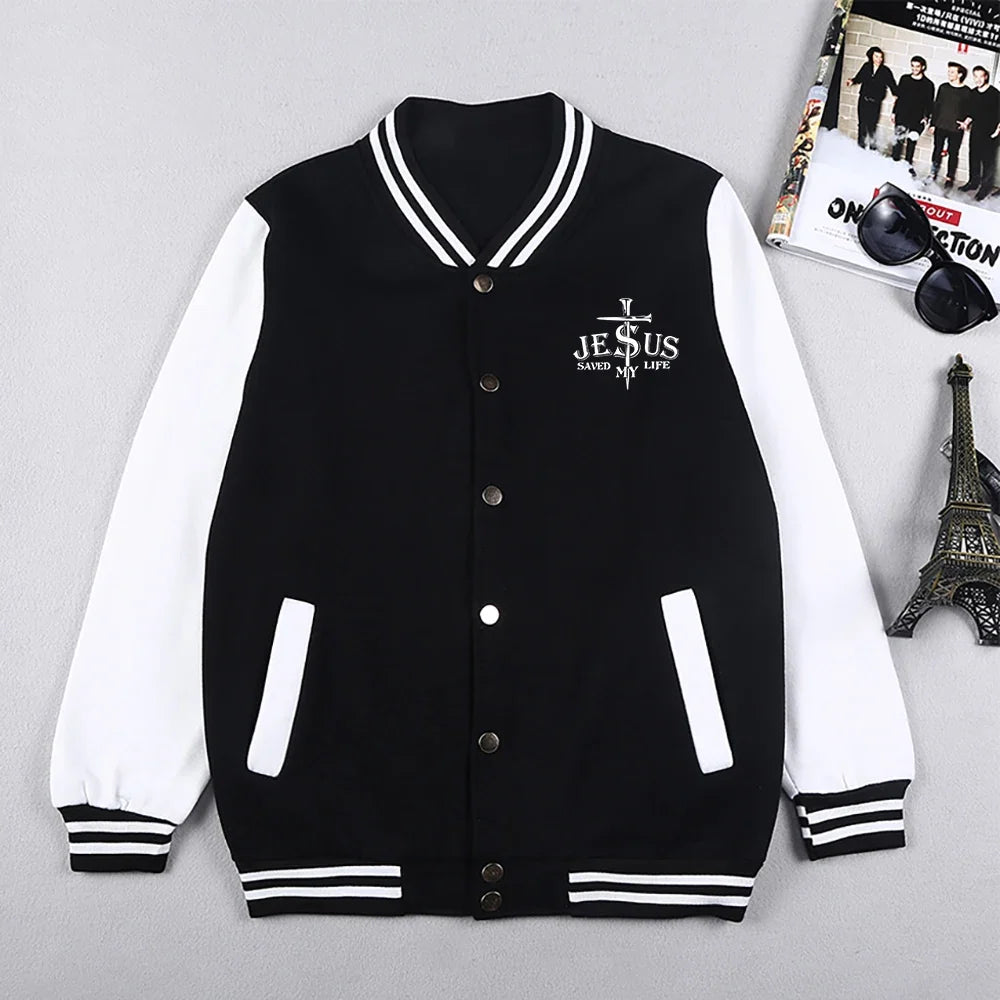 Jesus Saved My Life Letter Graphic Men'S Jackets Preppy Style Baseball Uniforms Casual S-5Xl High Street Motion Clothing