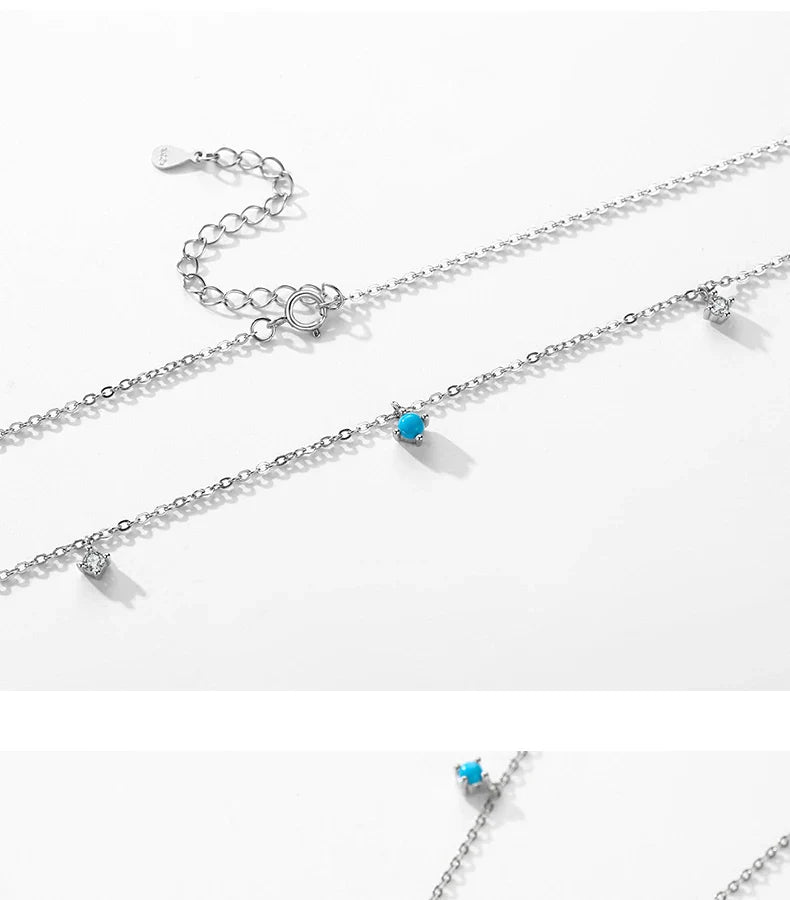 Real 925 Sterling Silver Fashion Stunning Turquoise Link Chain Charm Necklace For Women Daily Fine Jewelry