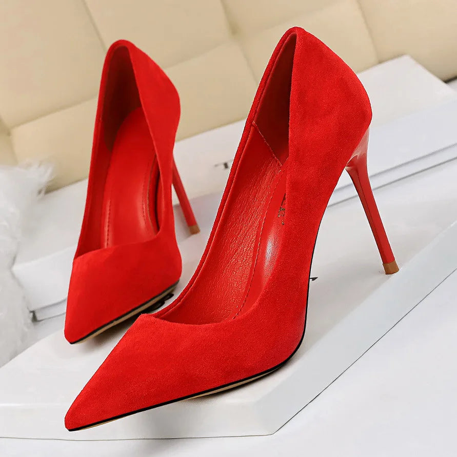 Women 9cm High Heels Pumps Stripper Flock Suede Plus Size Escarpins Lady Wedding Bridal Heels Escarpins Green Blue Yellow Shoes
