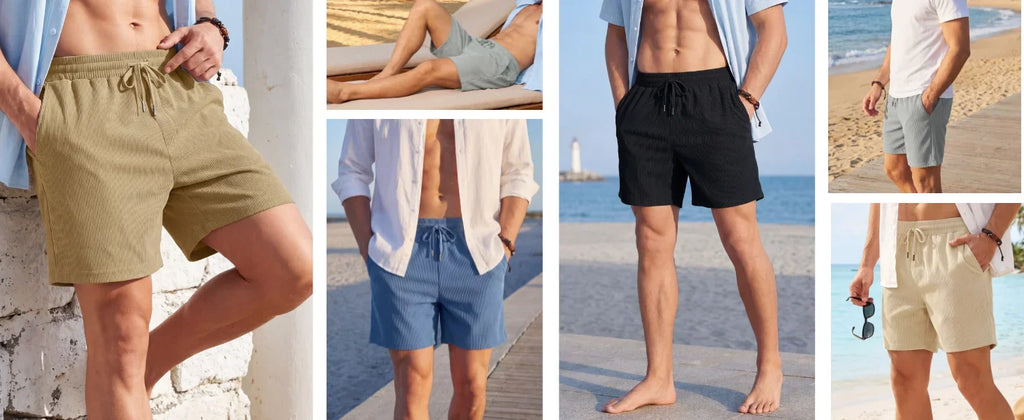 Men's Corduroy Texture Casual Shorts 6" Inseam for Summer Beach Vacation Elastic Waist Drawstring Lightweight Pockets