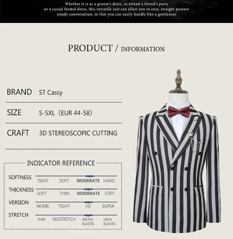 Party outfit Fashion red and black striped evening gown Double Breasted Slim Fit luxury man jacket tuxedo Men's Suit