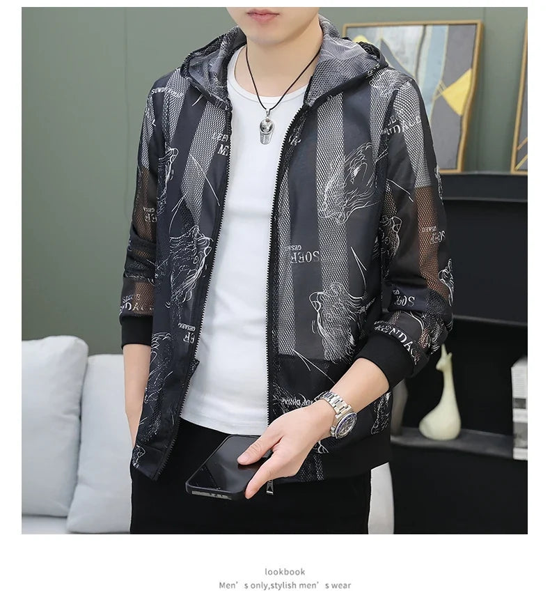 Men's Summer Mesh Sun Protection Clothing Trendy Stripe Print Ice Silk Cool Feeling Breathable Quick Dry Hooded Jacket