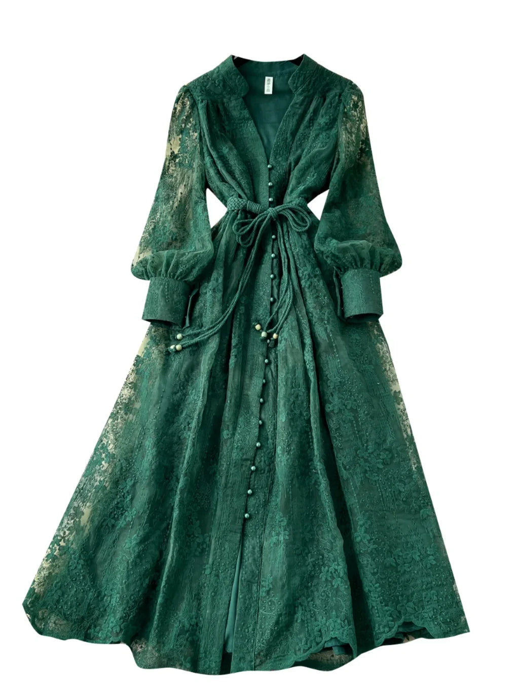 High-End Women's Dress Heavy Embroidery A-Line Long Skirt V-Neck Lantern Sleeve Single Button High Waist Korean Style Commute