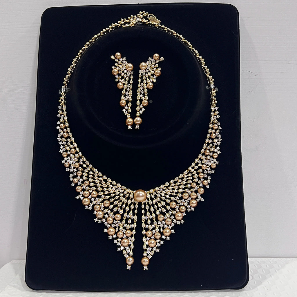 Luxury Cubic Zirconia 2pcs Pearl Necklacе Nigeria Dubai Bridal Wedding Jewellery Sets For Women Party  Accessories