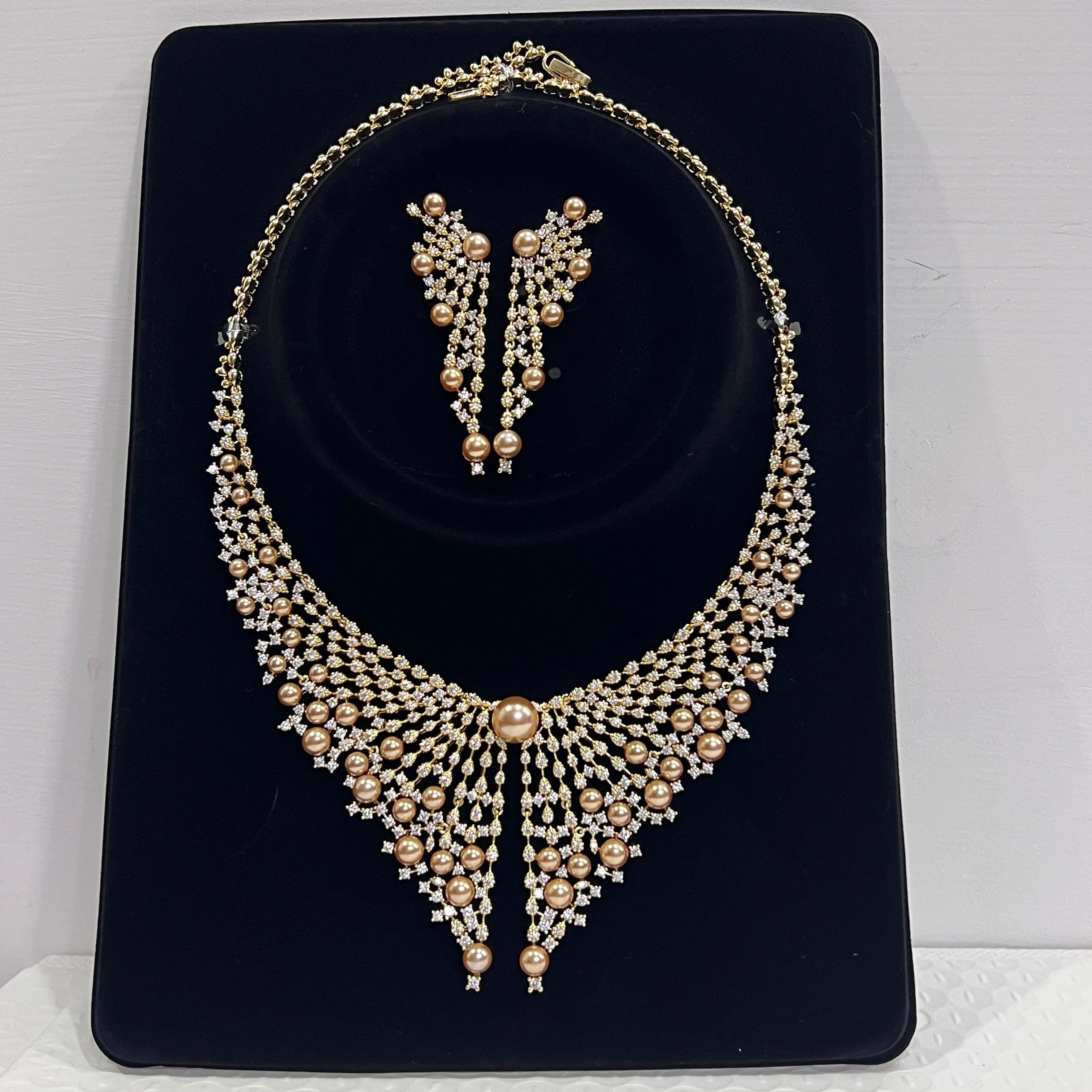 Luxury Cubic Zirconia 2pcs Pearl Necklacе Nigeria Dubai Bridal Wedding Jewellery Sets For Women Party  Accessories