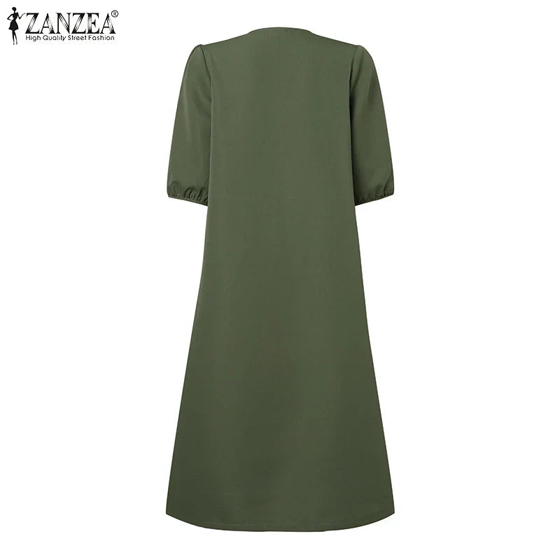 Women V Neck A-line Vestidos Solid Holiday Casual 2024 Summer Dresses Commute Half Sleeve Floral Embroidery Midi Dress