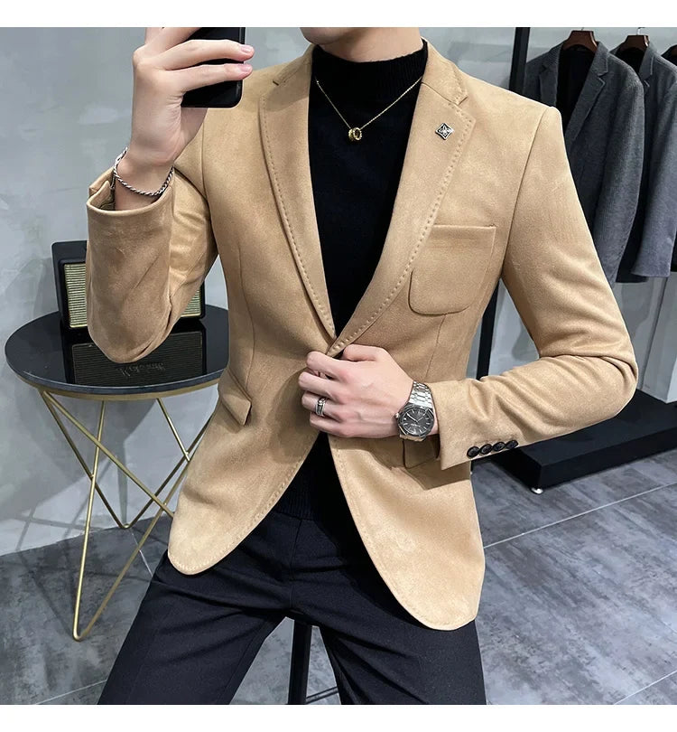 Plus Size 4XL-M Autumn Deerskin Velvet Jackets Blazer 6 Color Men Business Slim Blazers Hommes Casual Wedding Tuxedo Suit Coat