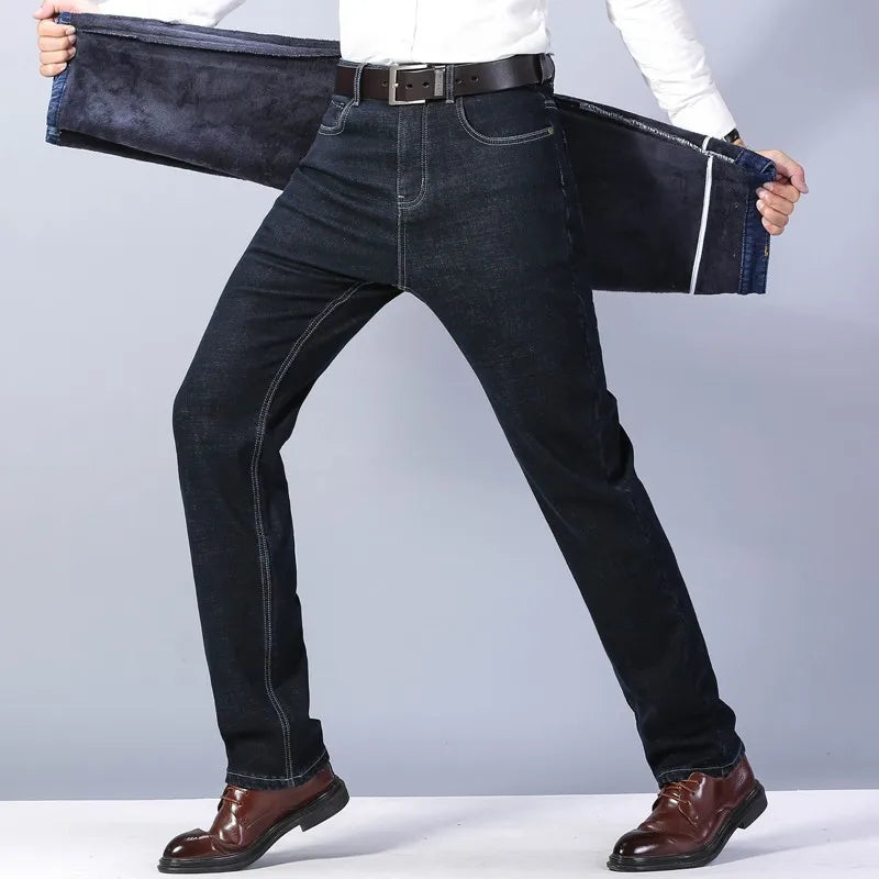 Winter New Men's Warm Blue Black Slim Jeans Classic Style Stretch Slim Fit Thick Pants Fashion Trousers Male Brand