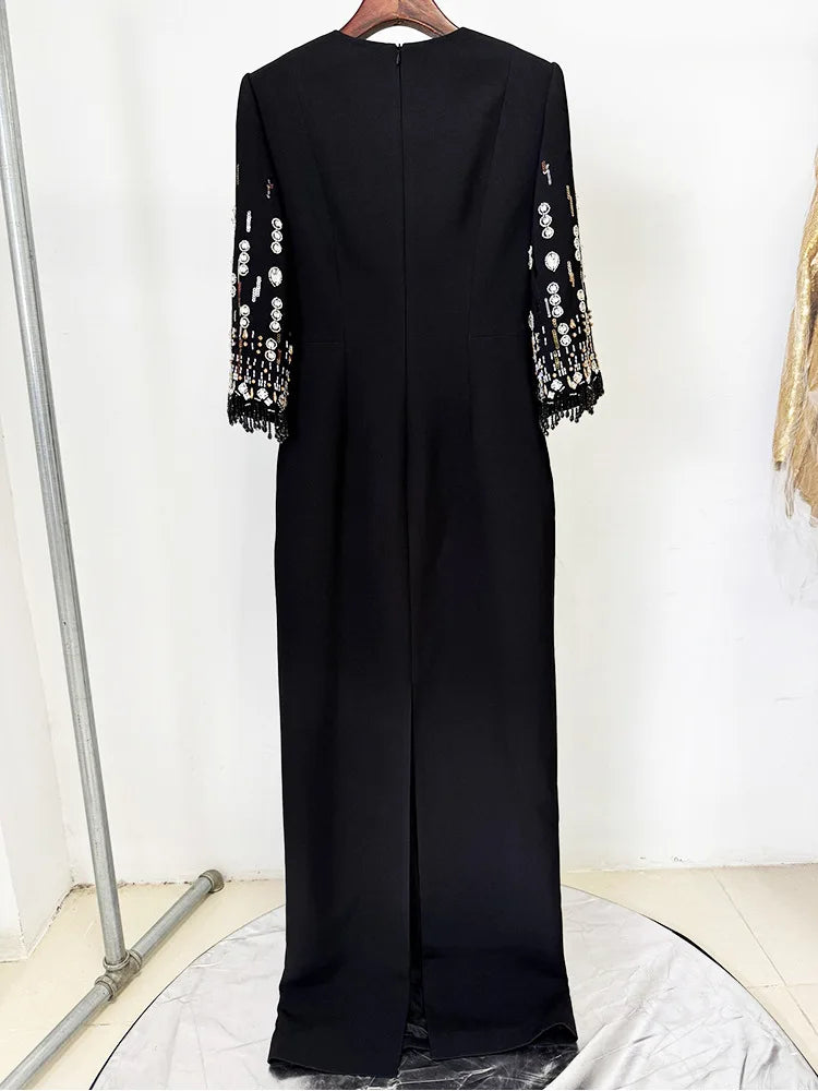 Newest Fashion 2026 S/S Designer Vestido Women's Half Sleeve Stunning Beaded  Long Maxi Dress