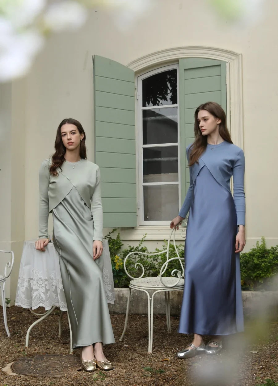 2025 spring summer elegance satin dress + knitted top match set maxi floor length woman clothes