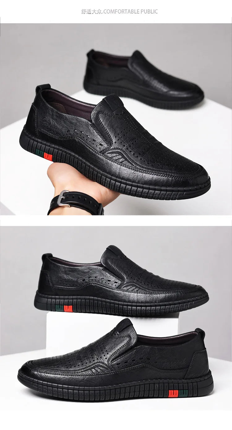 Summer New Breathable Hallow Leather Shoes for Men Solid Color Fashion Casual Driving Shoes Male Low Top Flat Shoes Man