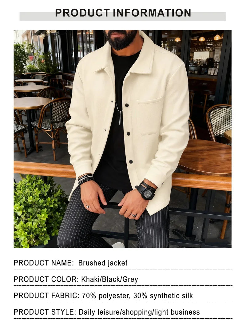 Men's Polyester Brushed Jacket, Lapel Button/Zipper Coat with Pocket, Comfortable Casual Autumn Winter Office Business Wear