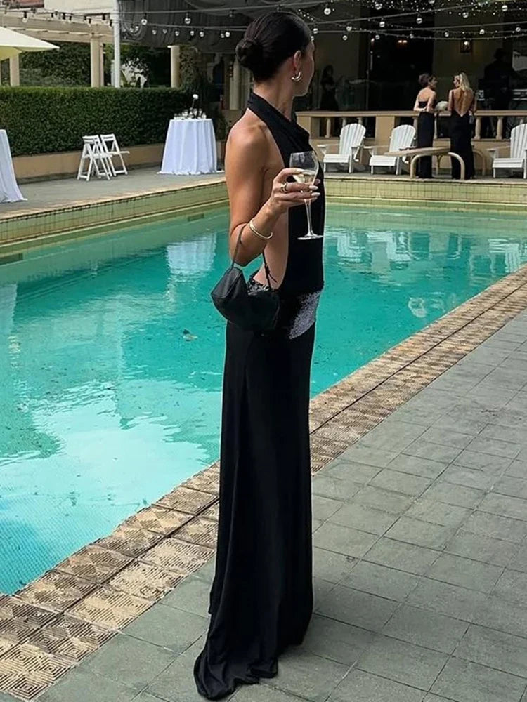 Backless Fashion Dresses Elegant Halter Patchwork Draped Maxi Bodycon Female Solid Simple Evening Party Frock New