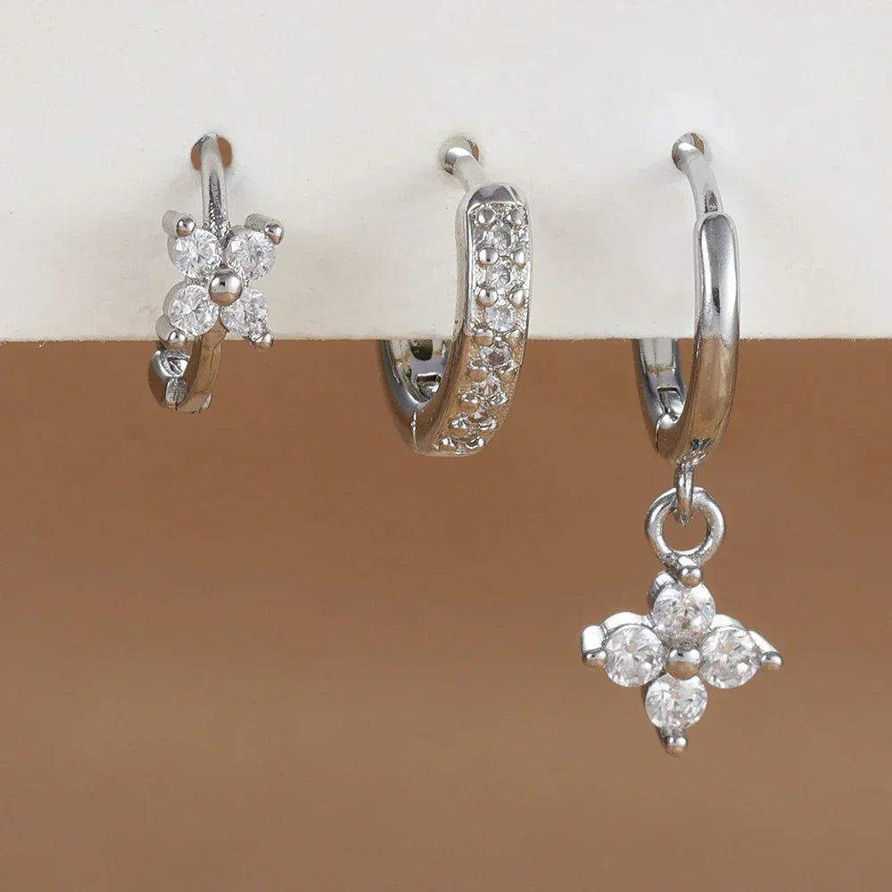 3PCS Trendy Stainless Steel Flower Drop Earring Set For Women Crystal Zirconia Dangle Earring Hypoallerg Piercing Jewelry aretes