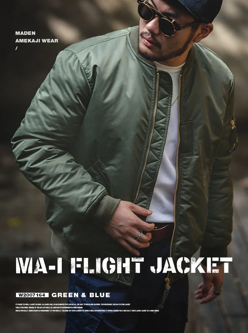 Vintage MA1 Pilot Jacket Green Thickened Cotton-padded Jacket Casual Baseball Pockets Flight Zipper Outwear for Men's Fall