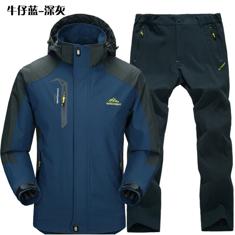 Outdoor Jacket Pants Sets Men Fleece Thermal Waterproof Windproof Hooded Jackets Hiking Military Trip Mountain Camping Clothes