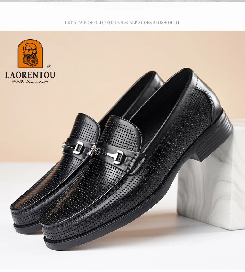LAORENTOU men's bean shoes, genuine leather hollow out breathable business casual dad leather sandals, soft soled loafers10790DW