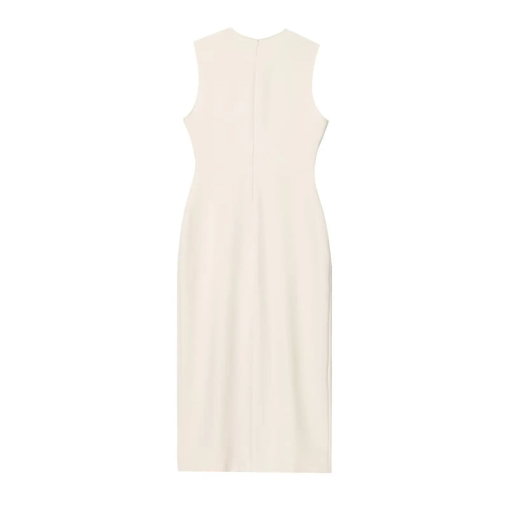 Female Summer Elegant Midi Dress O-Neck Hem Slit With Belt Sleeveless Single Breasted Back Zipper Fashion Long Dress
